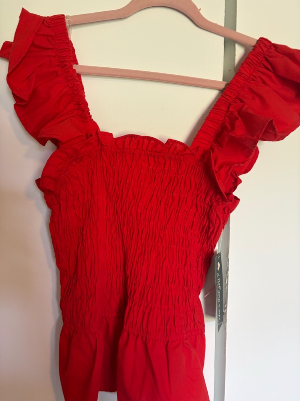 Red Smocked Ruffle Strap Tank Top - Picture 2 of 4